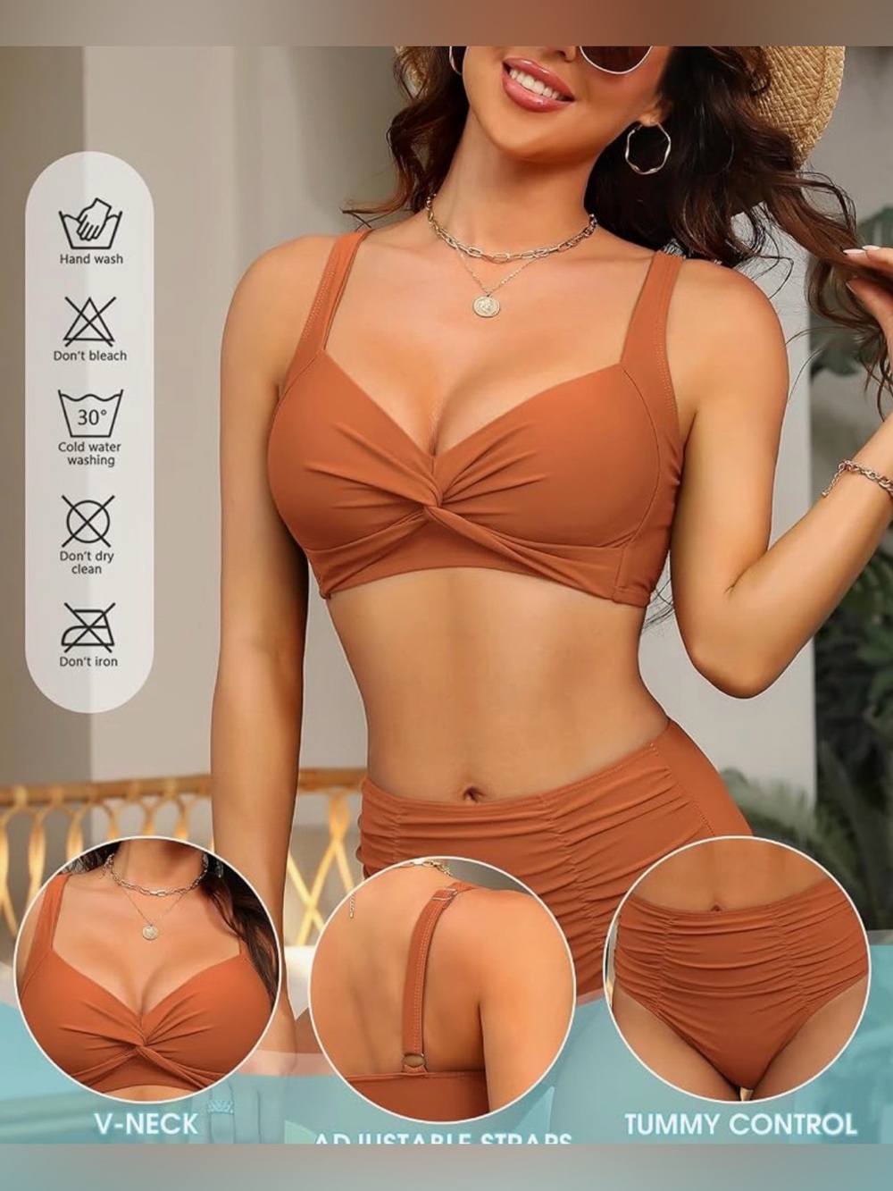 Twist-Front Wide Straps High-Waist Tummy Support Bikini Set in Burnt Orange Med. - Picture 5 of 11
